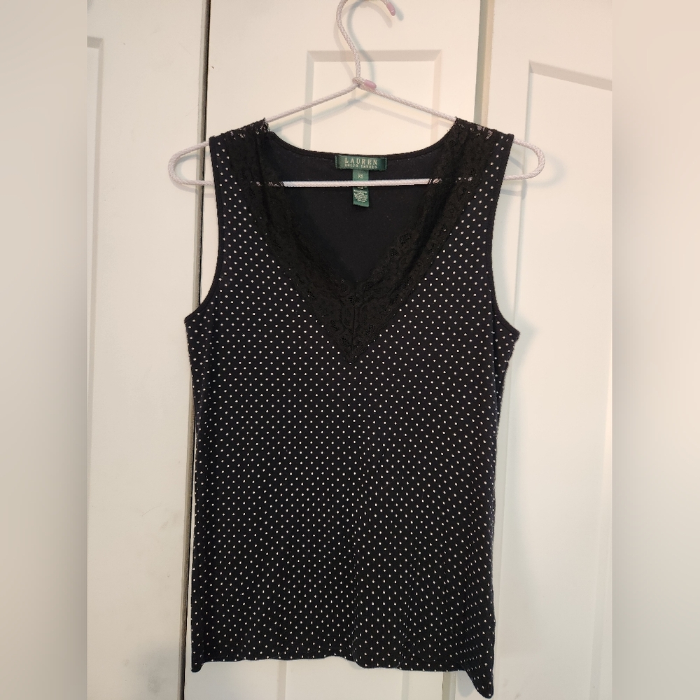 Ralph Lauren Black and White Polka Dot Lace Neck Tank Top